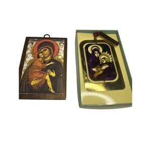 Set Of 2 Religious Icons showing Virgin Mary Child 24K Gold Plated Wooden Plaque